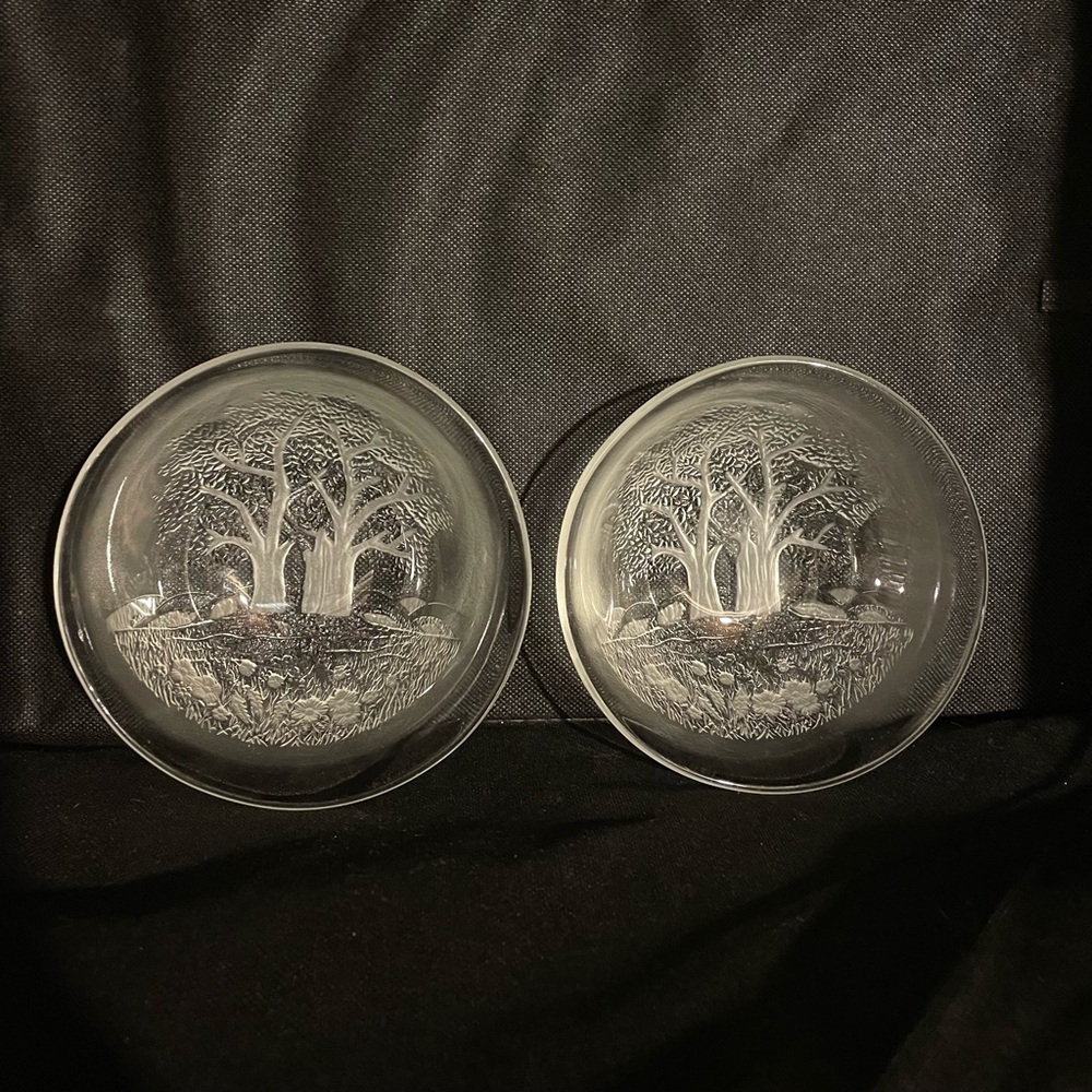VTG Studio Nova Sun Valley, Glass Salad Bowls, Etched Trees Design. Set of Two.